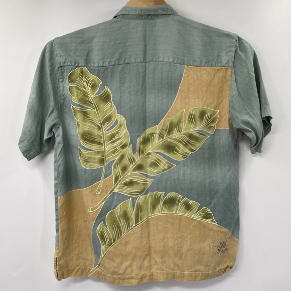 Tommy Bahama Men's L Silk Green Tan Tropical Short Sleeve Button Front Shirt - Picture 3 of 4